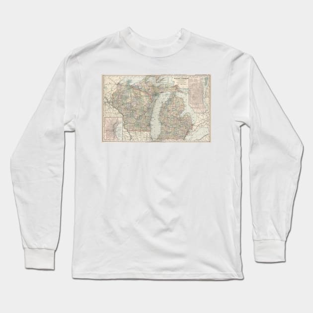 Vintage Map of Michigan and Wisconsin (1891) Long Sleeve T-Shirt by Bravuramedia